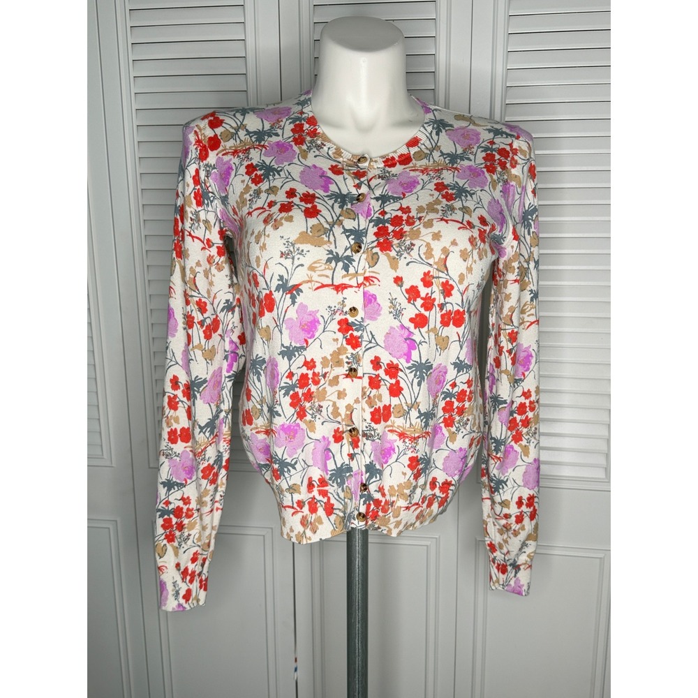 Ann Taylor Womens M Floral Cardigan Sweater 100% Cotton Button Front Multicolor